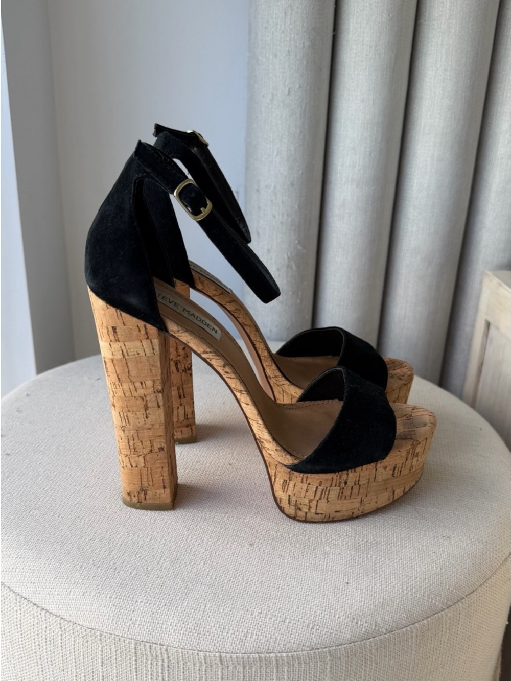 Steve Madden Black Suede Cork Platform Heels Black heel with ankle strap